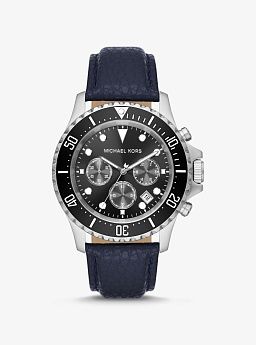 Oversized Everest Silver-Tone and Pebbled Leather Watch